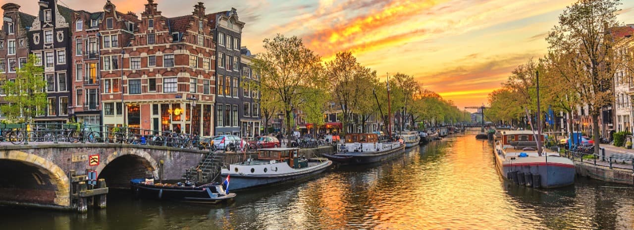 View of a canal in Amsterdam, Netherlands.
