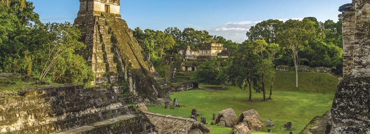 A view of the Tikal Maya Pyramids in Guatemala.
