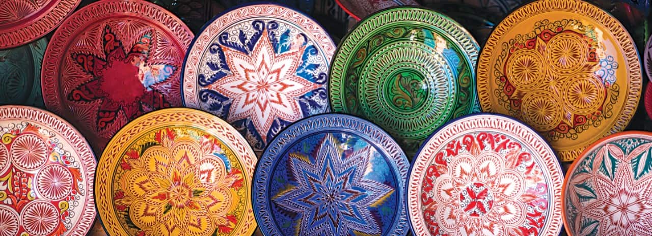 An aerial view of may colorful items in the Arabic Souk in Morocco.