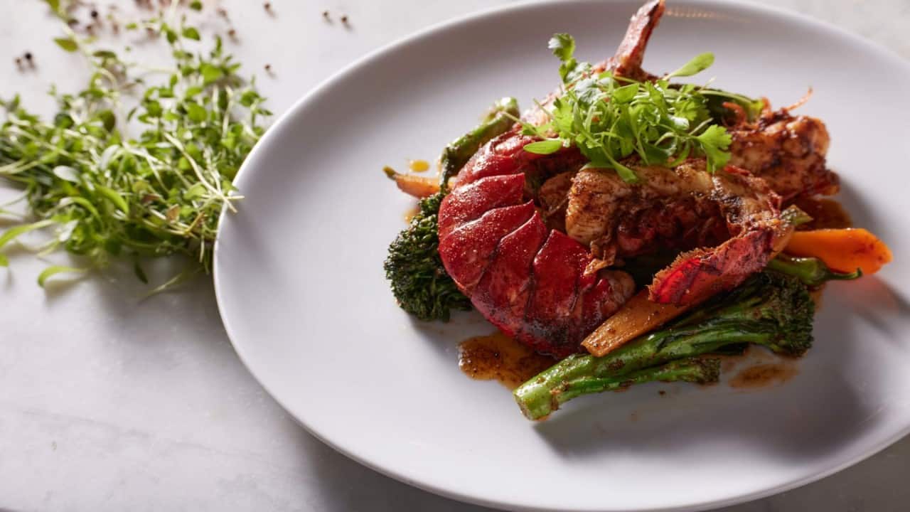 Lobster tail dish served on a white plate surrounded by herbs and vegetables.