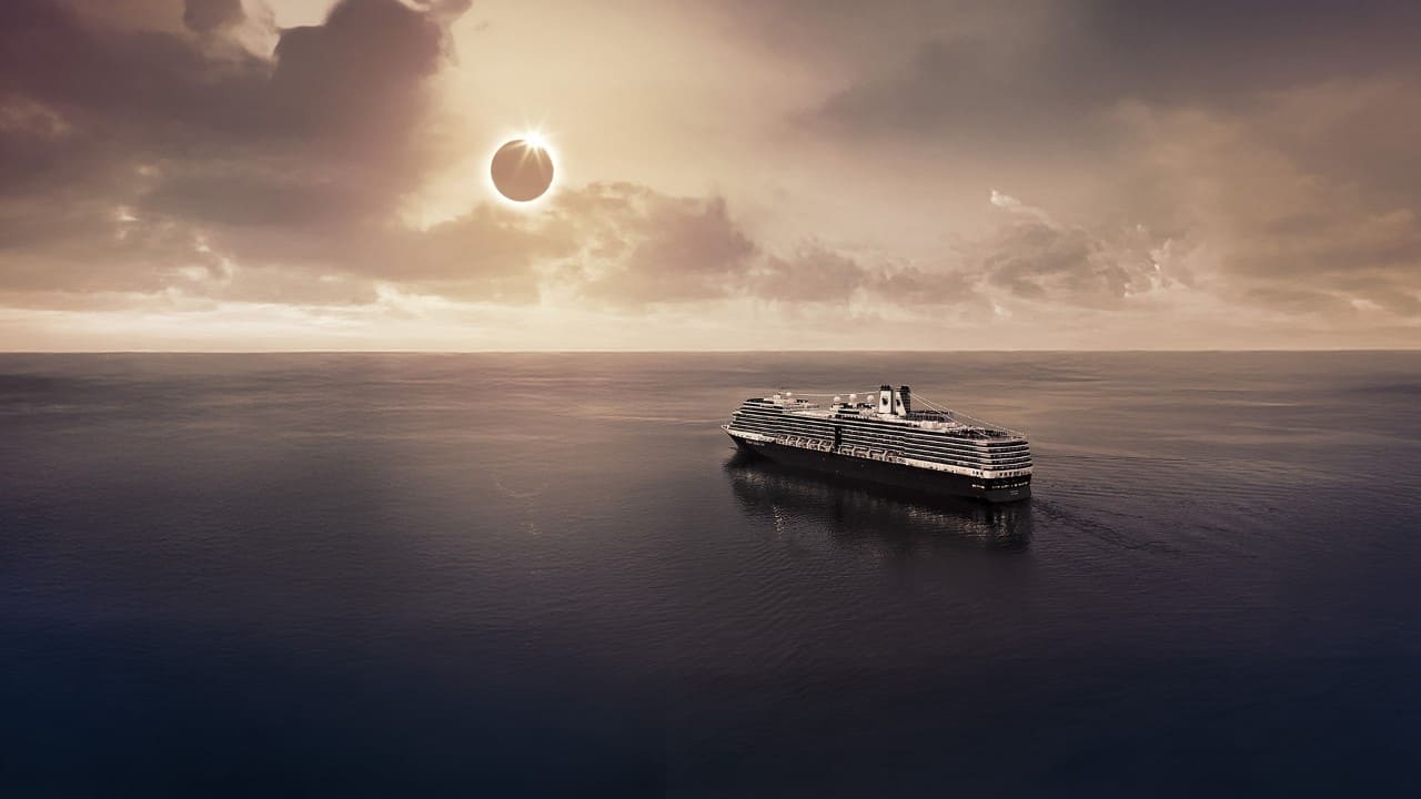 Ship positioned directly in the path of totality of the solar eclipse.