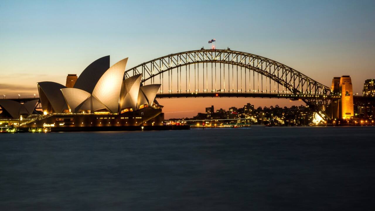 View of Sydney Harbor at dusk.
