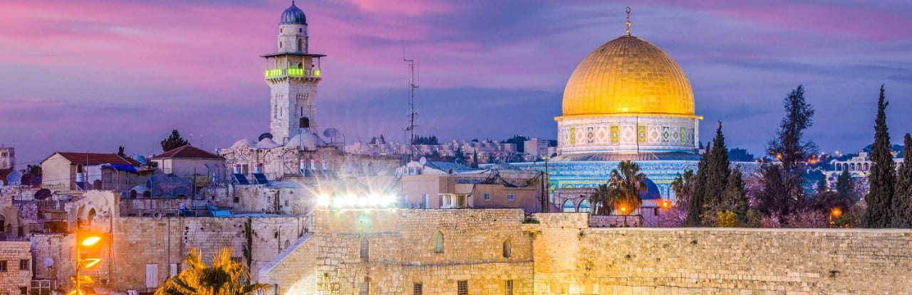 Skyline of the Old City at the Western Wall and Temple Mount in Jerusalem, Israel.