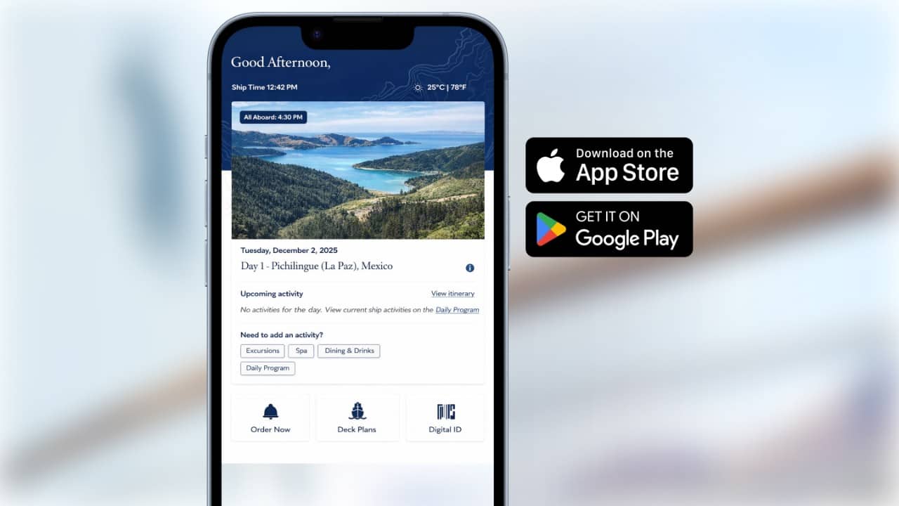 Holland America Navigator app showing daily cruise activities on smartphone.