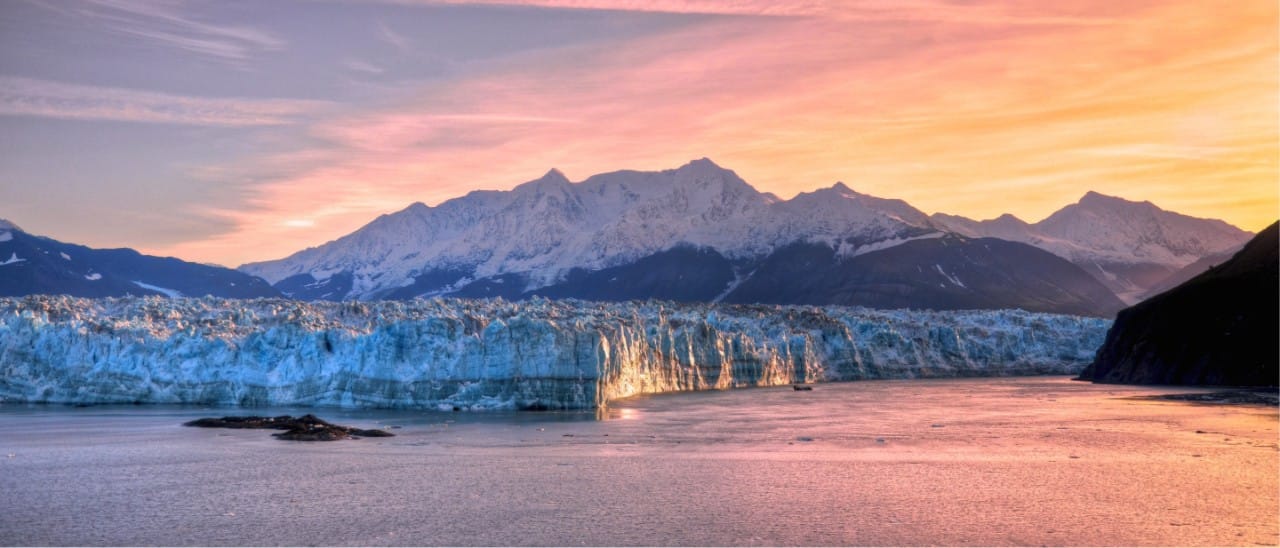 Aerial view of Hubbard Glacier, Alaska, at sunrise