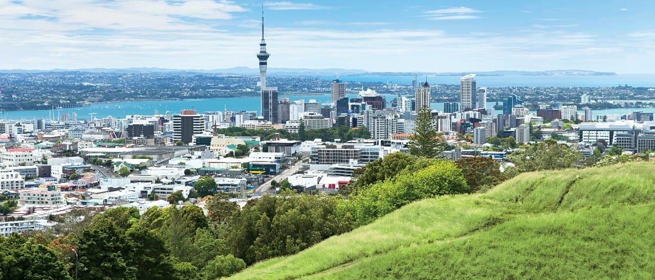 Panoramic view of Auckland, New Zealand, featuring the city skyline, Sky Tower, and harbor, seen from a lush green hillside.