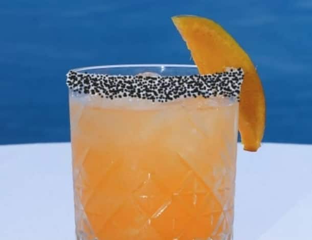 A closeup of an orange drink with an orange slice on the rim of the glass.