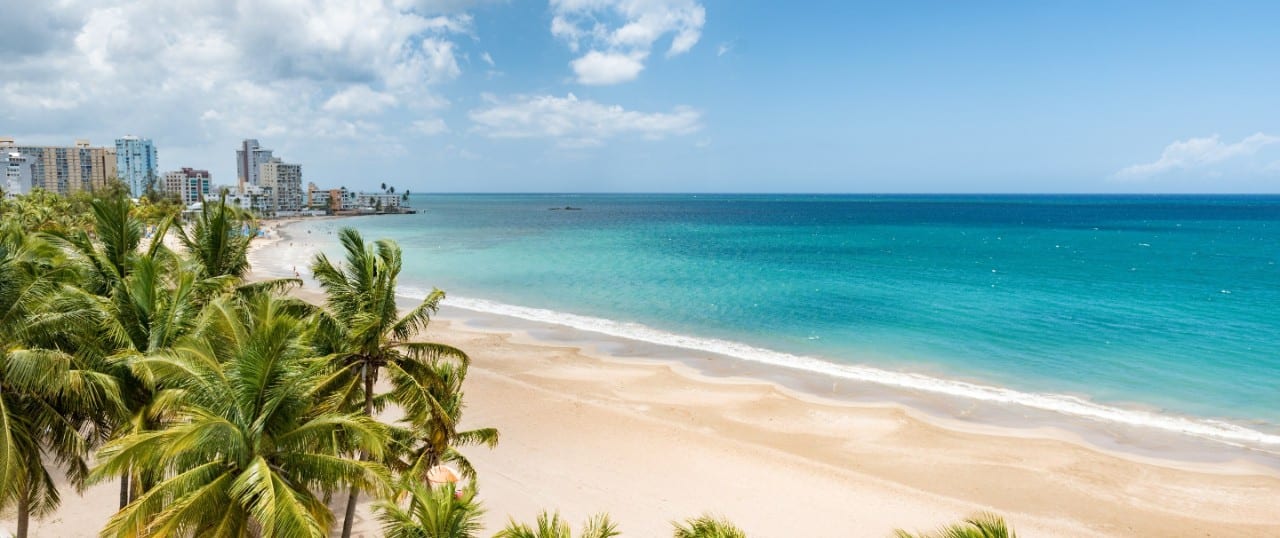 Tropical Caribbean beach with palm trees, turquoise water, and a sandy shoreline.