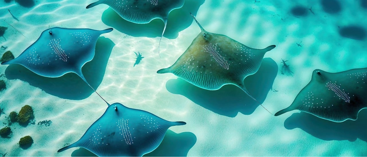 A few looking into the water where several stingrays are swimming.