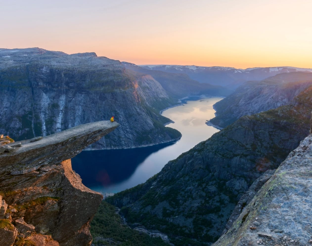 Panoramic view of fjord lake and mountains in Trolltunga, Norway