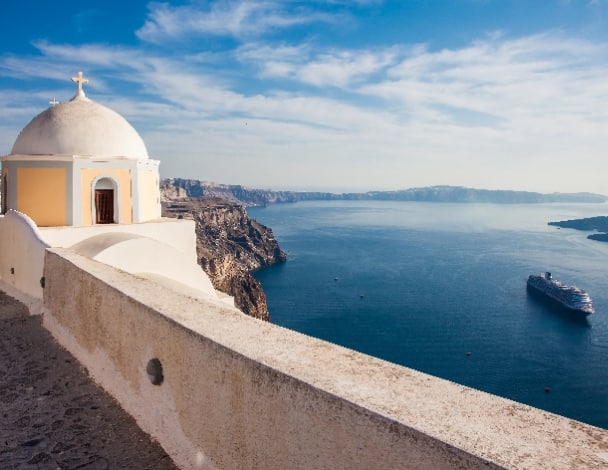 Panoramic view of St. Stylianos church and Aegean sea, Santorini