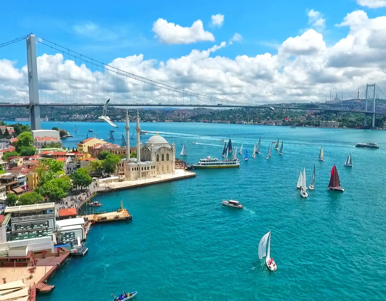 Sailboats on the Bosphorus strait in Istanbul, Turkey