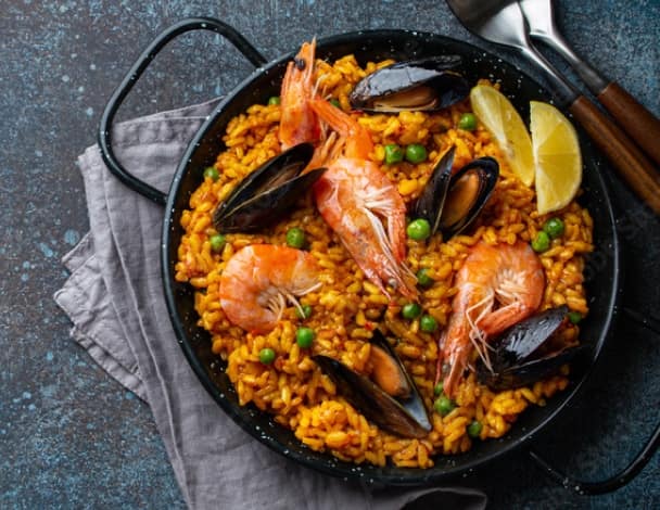 Dish of Spanish seafood paella.