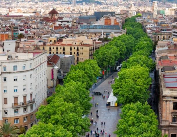 Aerial cityscape of Las Ramblas, Barcelona