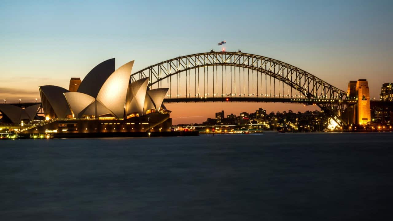 View of Sydney Harbor at dusk.