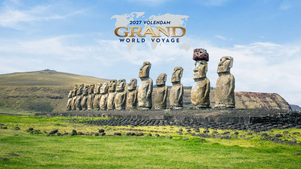 The ancient Moai statues on Easter Island, Chile. Logo floating above reads 2027 Volendam Grand World Voyage.
