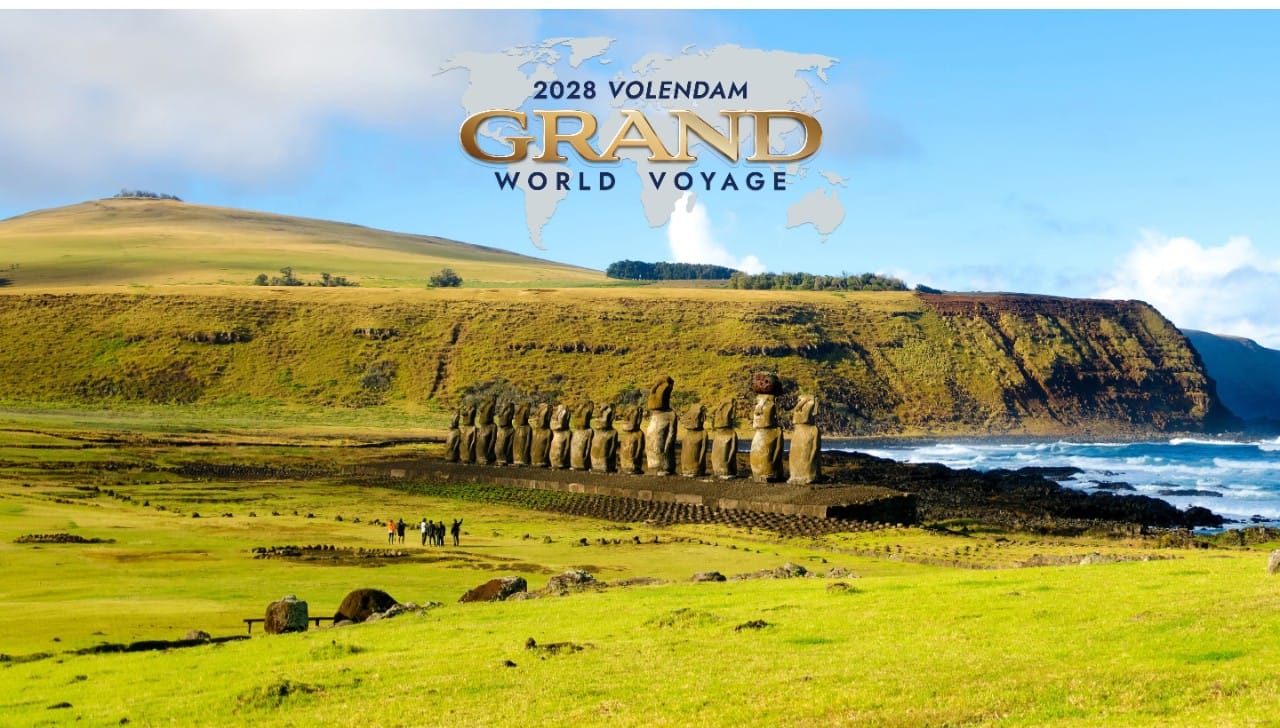 Aerial view of large Moai statue site on Easter Island with text overlay reading 2028 Volendam Grand World Voyage