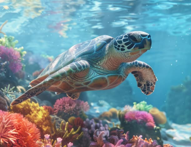 Image of a sea turtle swimming over a coral reef
