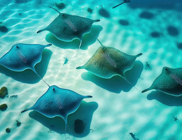 Family of rays swimming below the water's surface