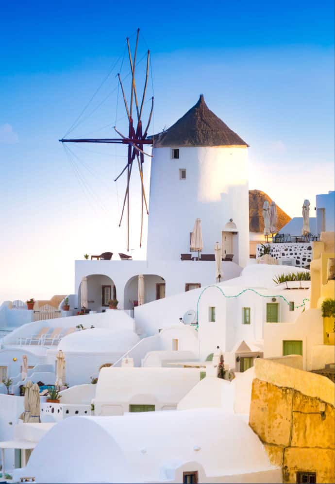 Windmill along the coast of Santorini, Greece.