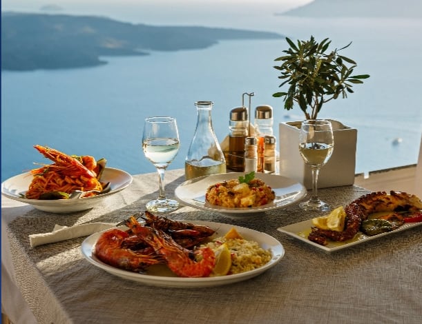 Seafood dishes with a view of the Mediterranean sea.