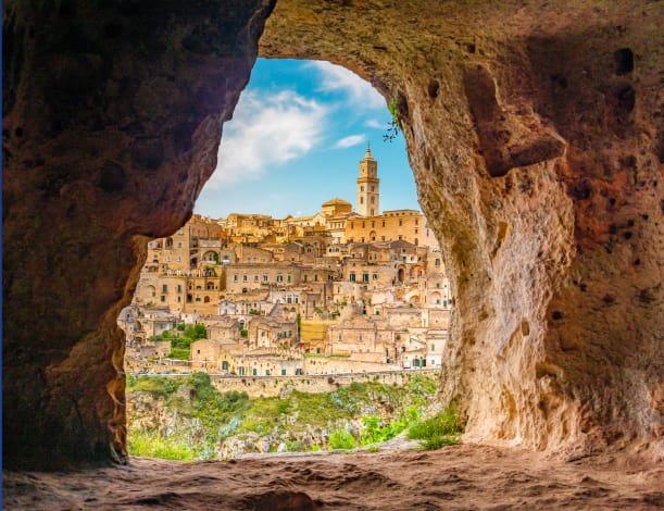 Village viewed from a cave entrance in Italy.