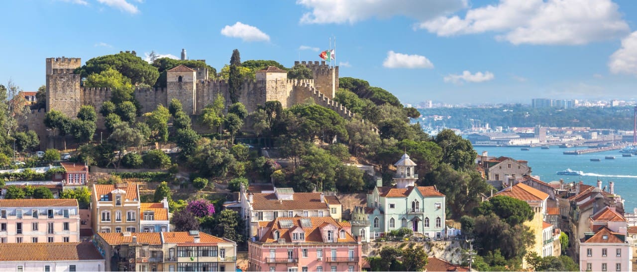 Sao George Castle towers in the skyline in Lisbon, Portugal