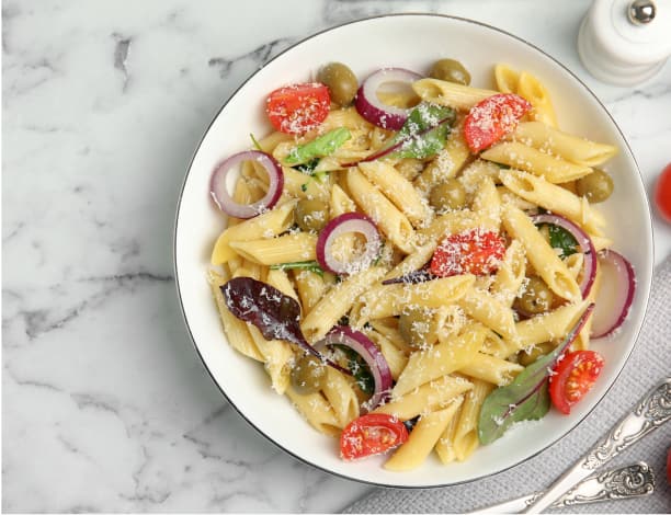 Pasta dish served on a round plate