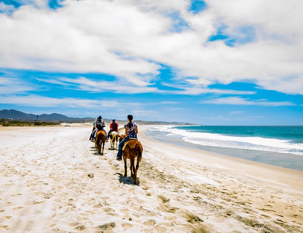 A family of tourists riding horses along the beach in Cabo San Lucas