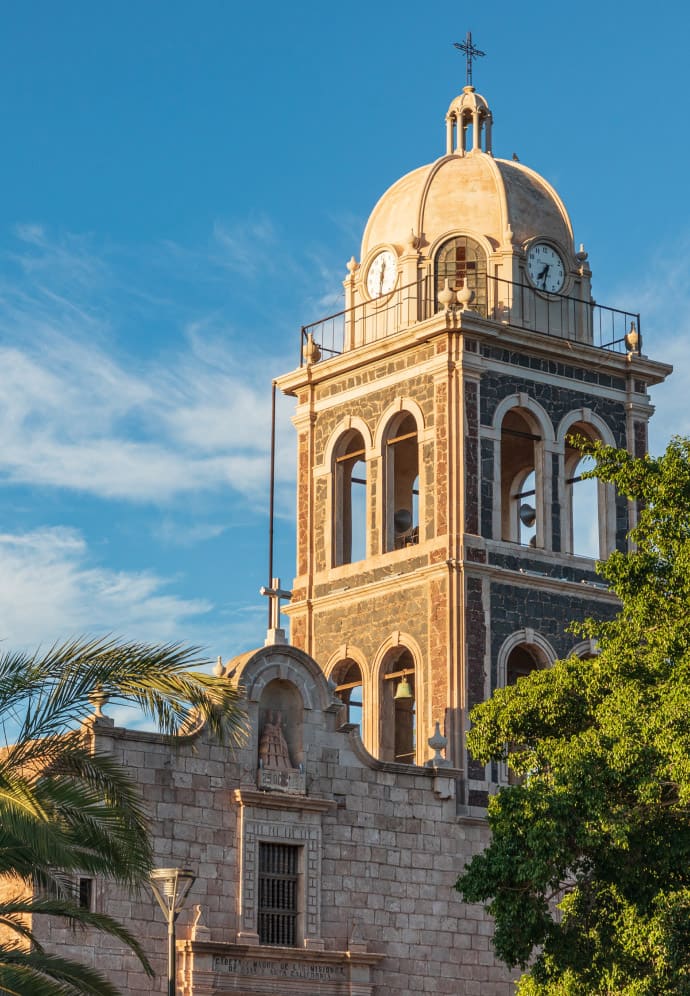 An iconic church tower in Loreto, Mexico
