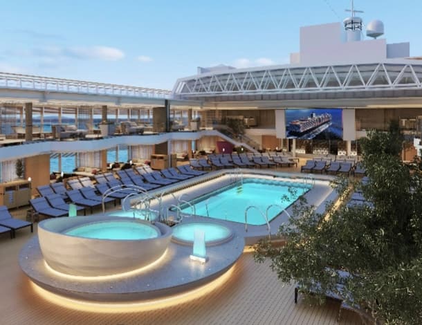 A view of the pool on the deck of the ship.