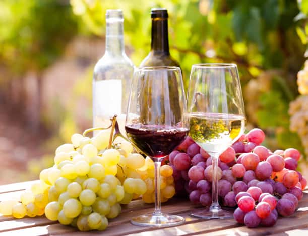 Wine glasses with bottles and grapes displayed on a table.