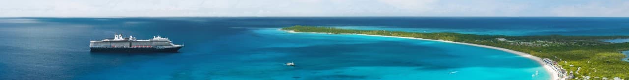 Cruise ship sailing near RelaxAway, Half Moon Cay™ with white sandy beaches and clear blue waters.