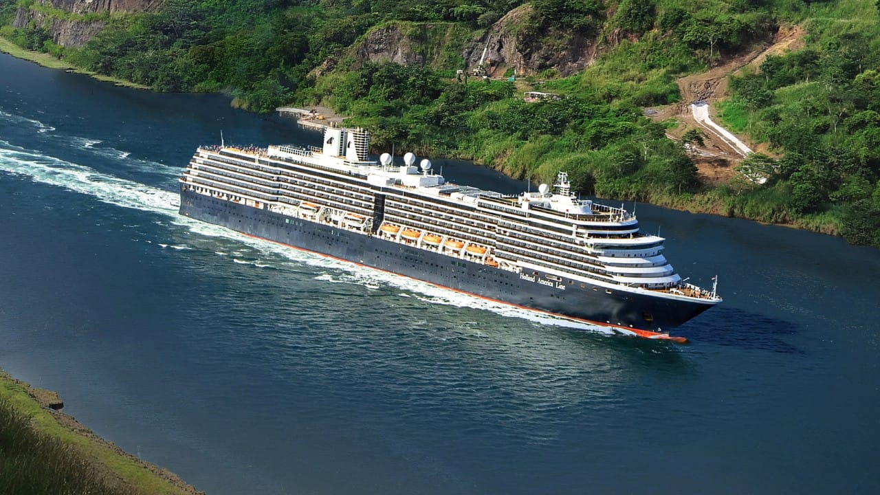Holland America Line Zuiderdam cruise ship sailing along the Panama Canal