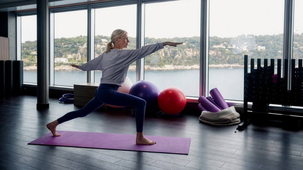 Person performing a yoga pose on a mat in a bright gym with large windows overlooking water