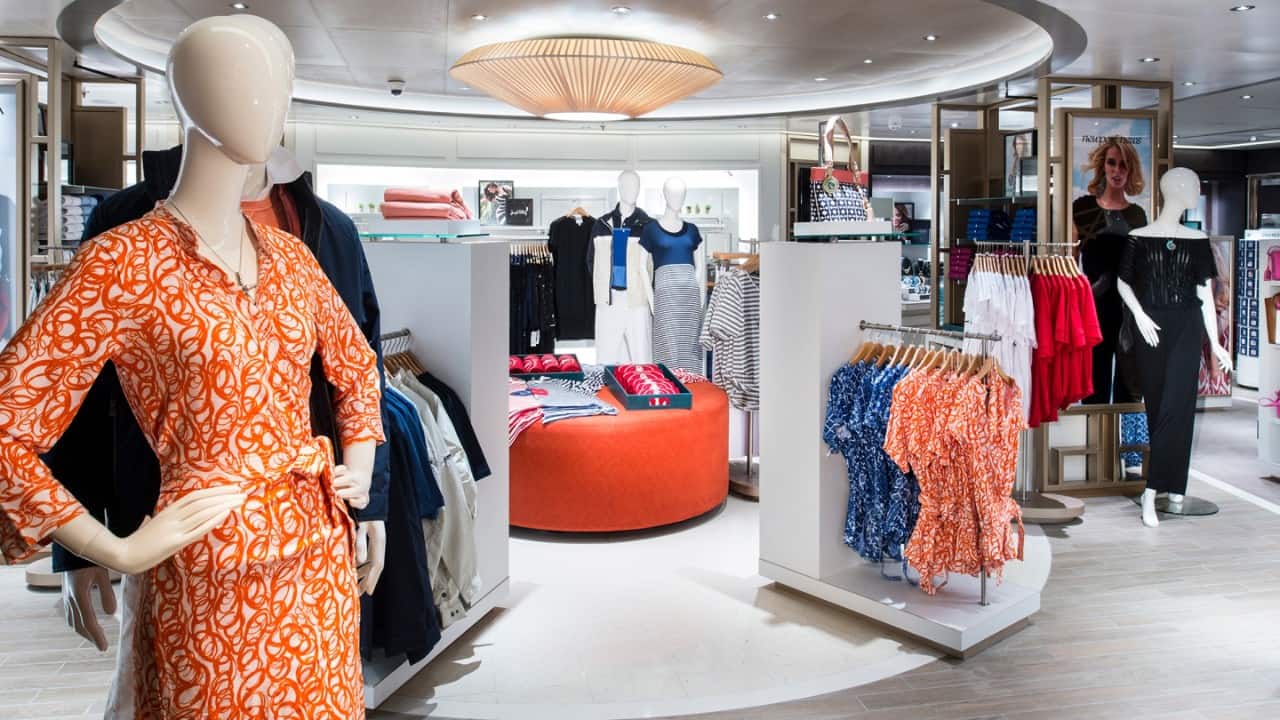 Mannequins and merchandise displays in an on board shop.