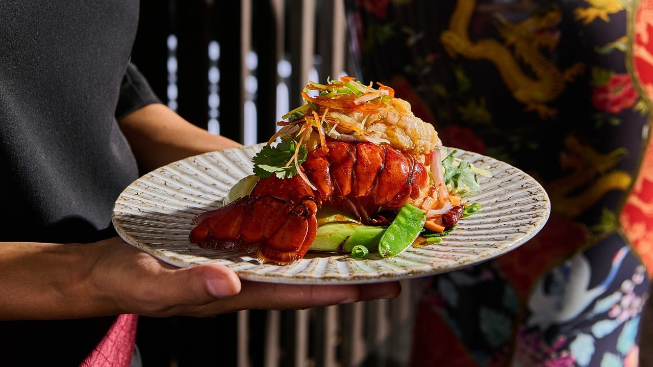 a large plate of lobster topped with vegetable garnish.