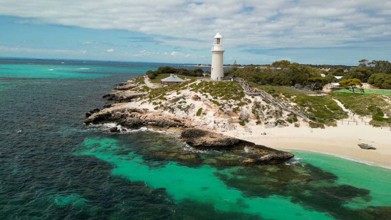 Aerial view of Bathurst Lighthouse in Rottnest Island, Australia.