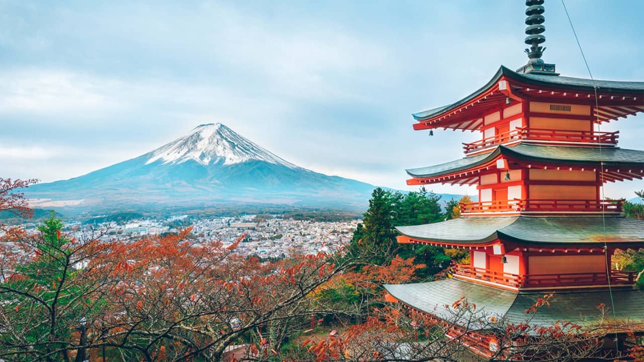 Mount Fuji and Chureito Pagoda at sunrise in autumn, Japan. The Pagoda is in Arakura Sengen Shrine where tourist can see Mt Fuji from panoramic view, one of the most famous view of Fuji Mountain.
