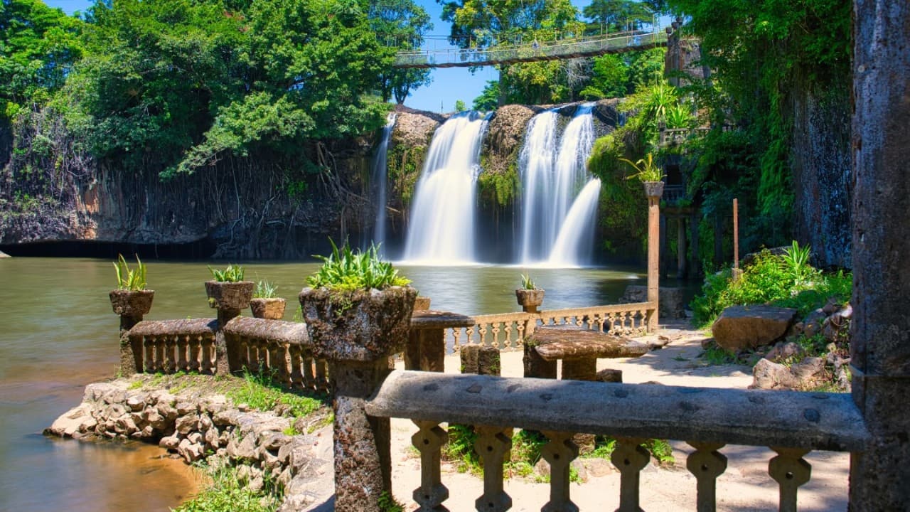 Waterfall located within Paronella Park in North Queensland, Australia.