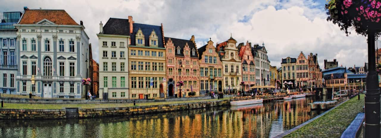 Colorful buildings along the waterfront in Belgium.