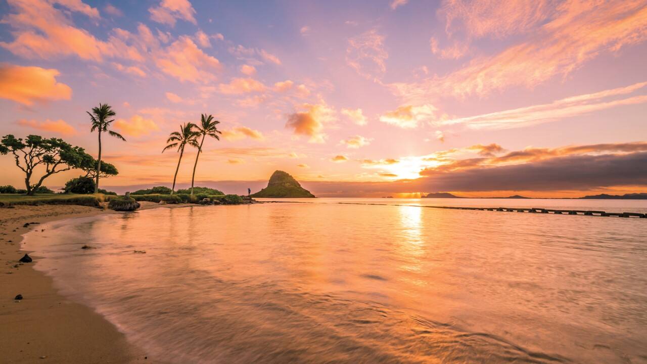 Kualoa Regional Park beach at sunset, Oahu Hawaii, with palm trees, calm ocean, and Mokoliʻi island.